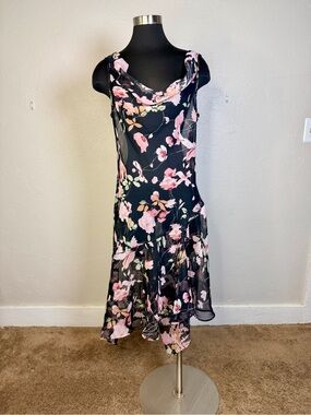 2000s Connected Floral Sheer Cowl Neckline Midi Dress